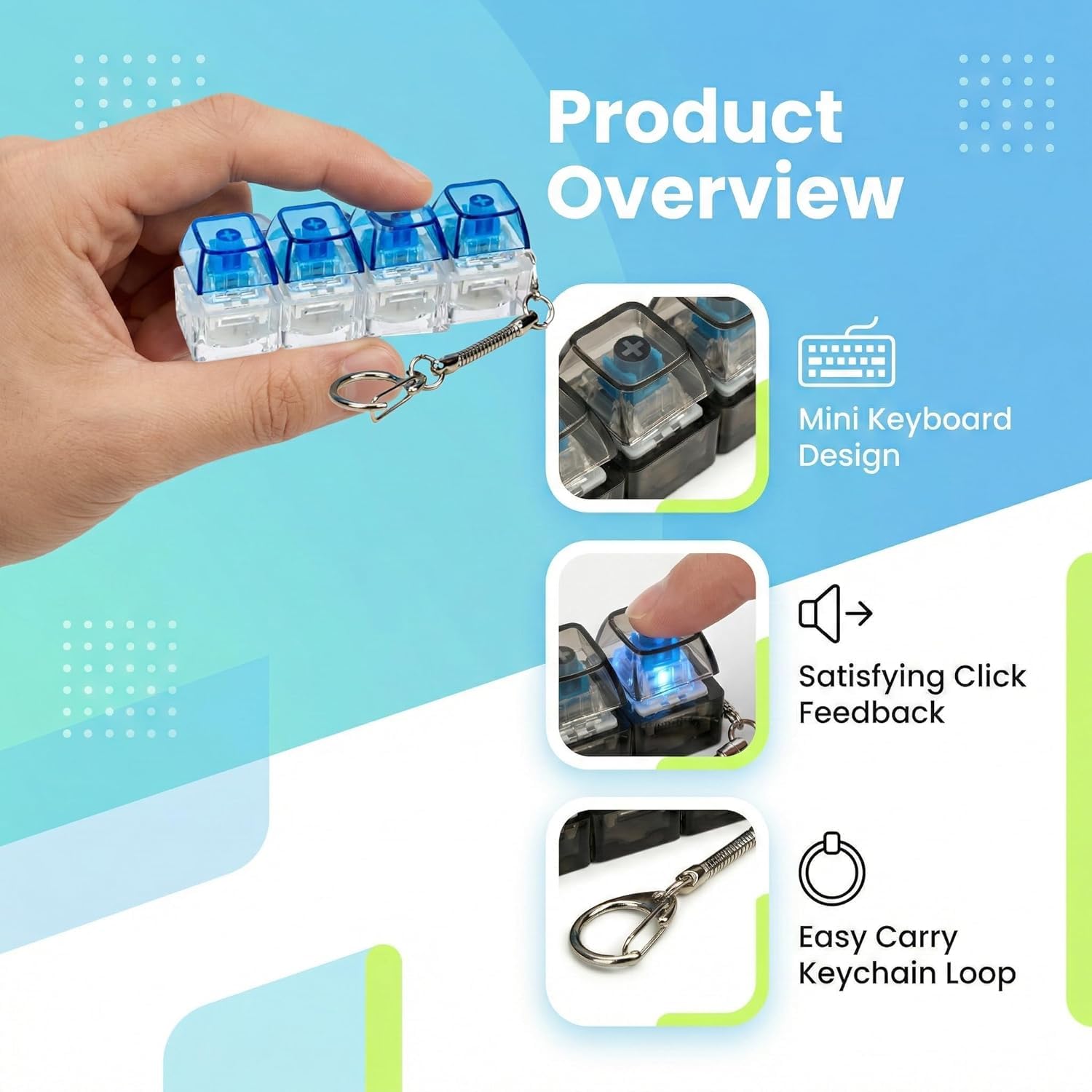 Tappy: Mini Keyboard Fidget Toy with Clicky Keys, Mechanical Key Clicker Keychain with LED Light for Stress Relief, Focus & Desk Use