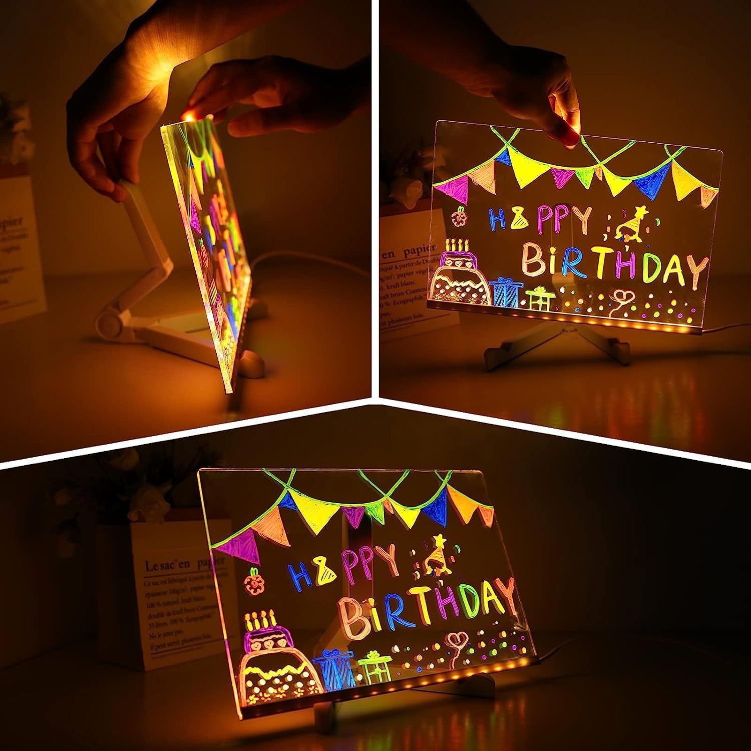 Gleam: LED Message Sketch Board & Night Lamp with Acrylic Dry Erase Surface, Stand & 13 Glow Pens for Home, Office & Gifting