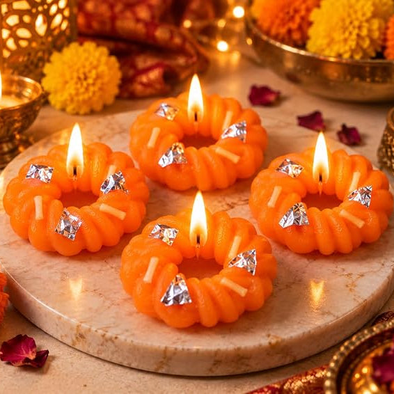 Imarti: 3-Wick Traditional Imarti-Shaped Decorative Candles with Handmade Indian Mithai Design, Orange Festive Candles for Diwali Décor, Pooja & Gifting (Pack of 4)