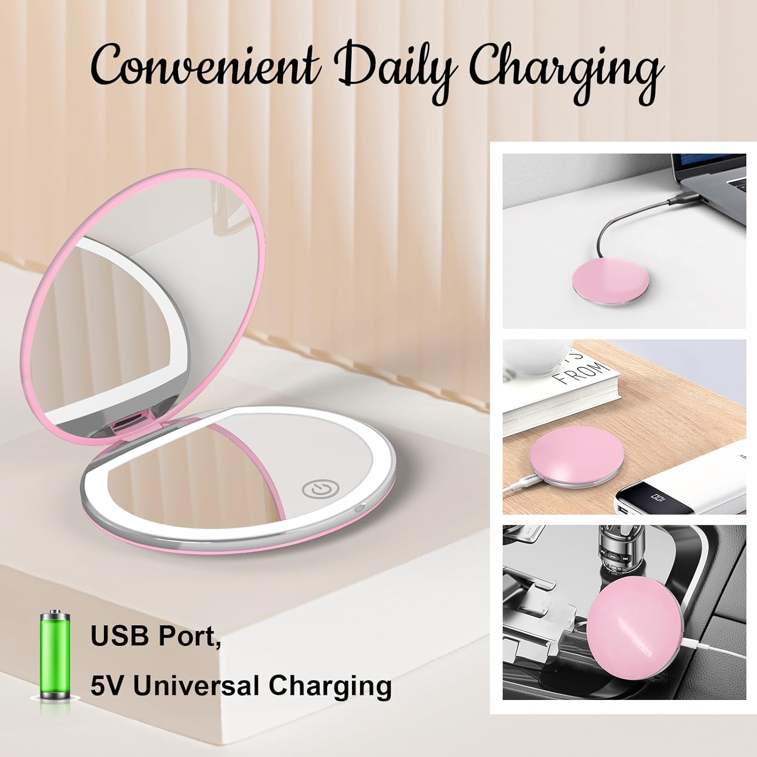 PocketGlow: LED Pocket Compact Mirror with 1X/3X Magnification, USB Rechargeable Mini Makeup Mirror for Purse, Travel & Daily Use