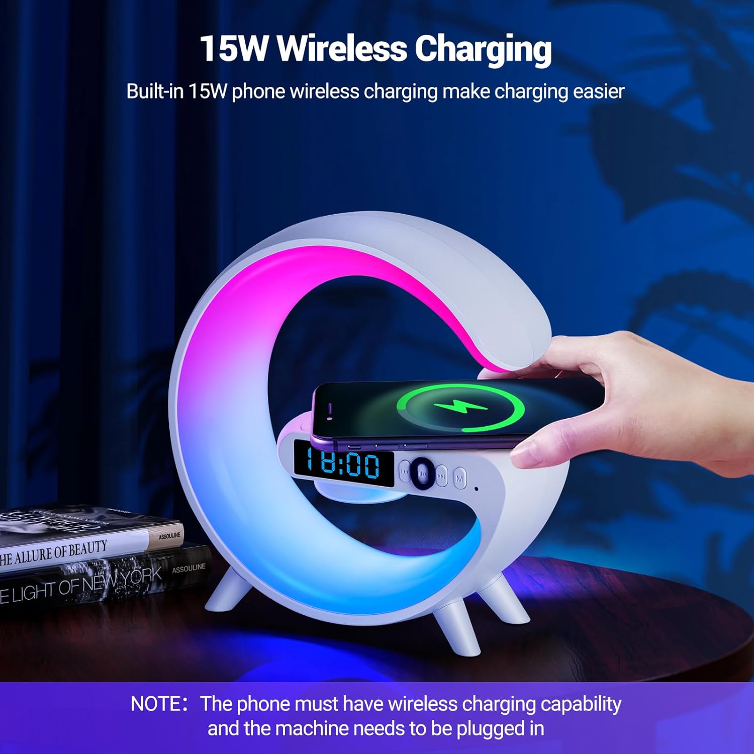 GoobleMini: G-Shaped RGB Atmosphere Lamp with 15W Wireless Charger, Bluetooth Speaker, Alarm Clock & Desk Light for Bedside & Room Décor