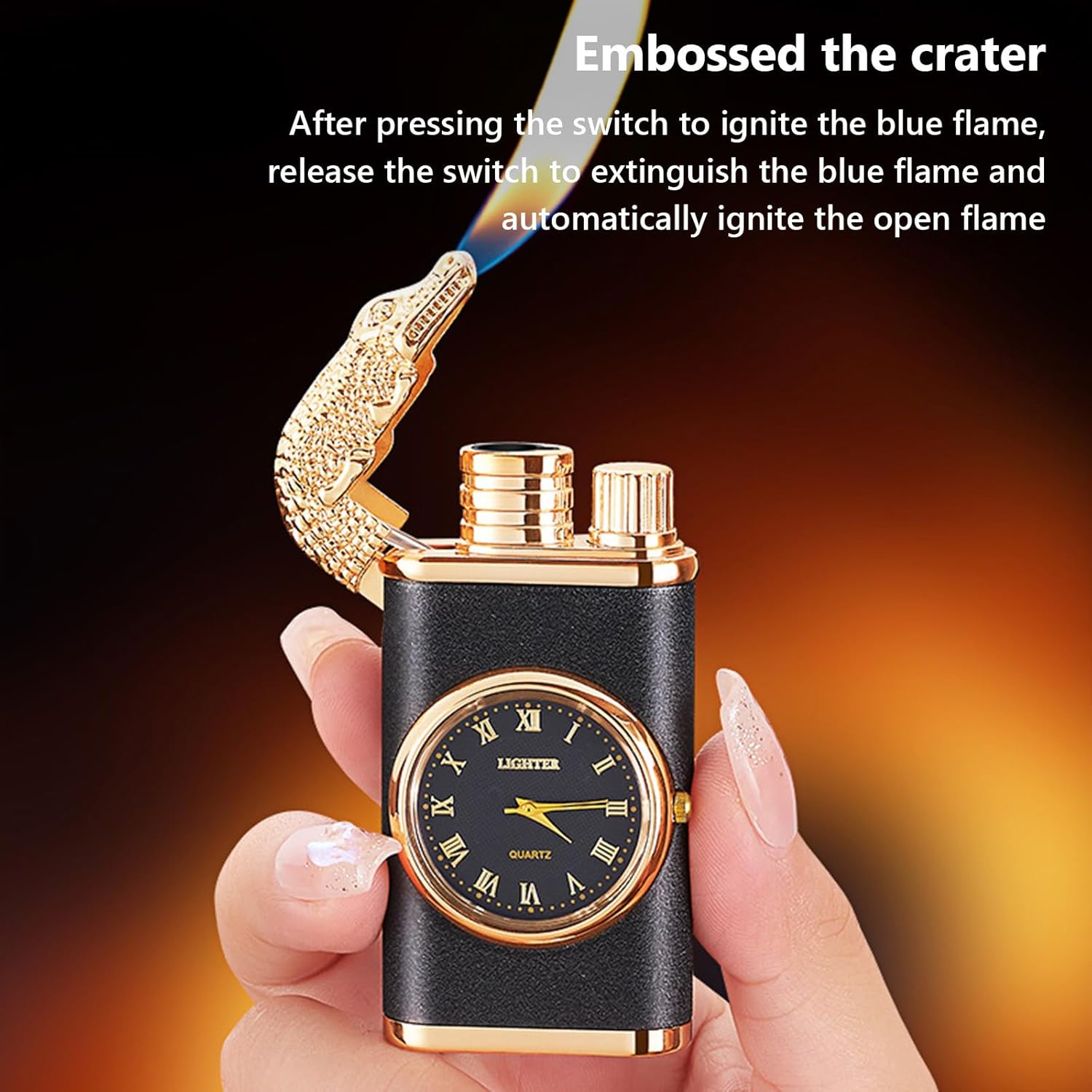 Draco: Windproof Dual Flame Refillable Lighter with Built-in Watch, Dragon Embossed Design & Bold Metal Finish for Collectors & Gifting
