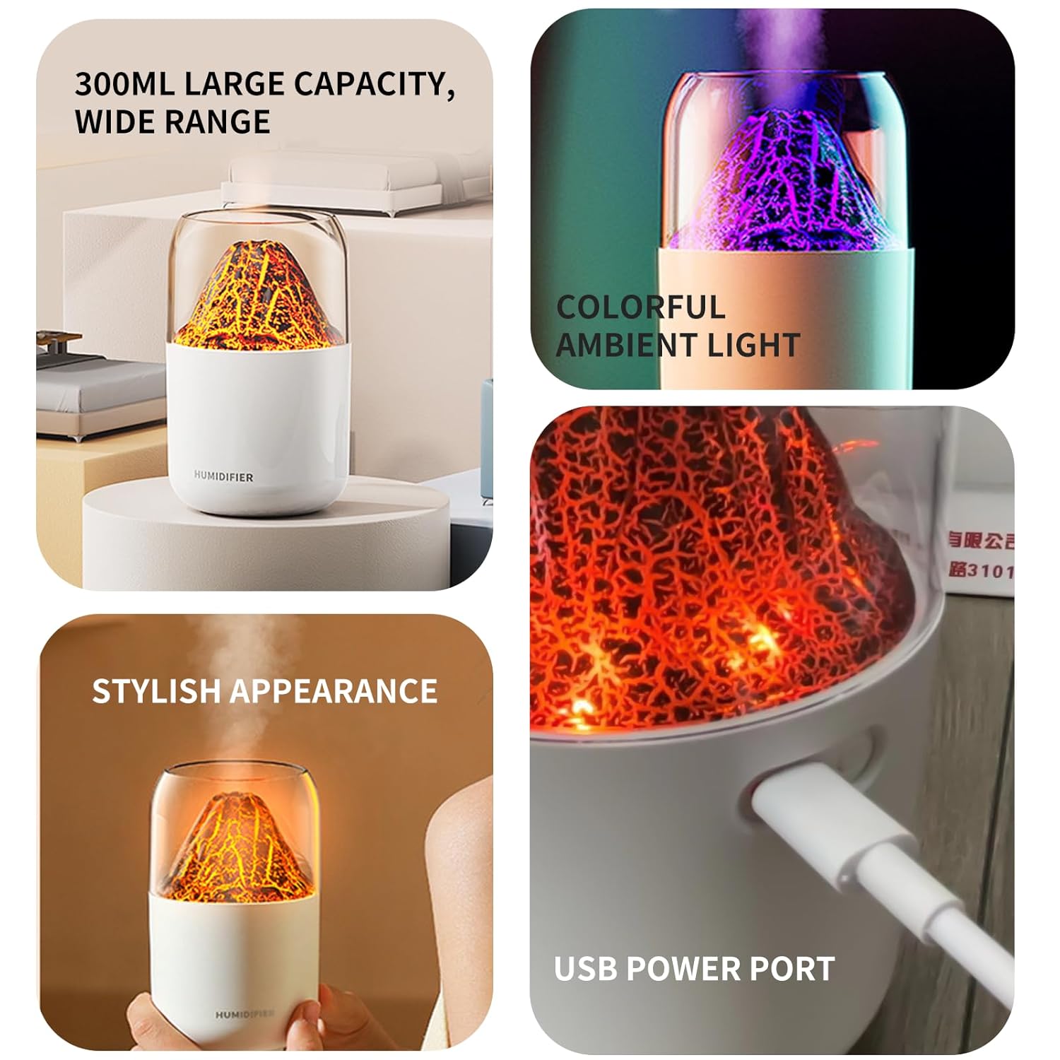 Mistyc: 300ml Mini Volcano Humidifier with USB Power, Dual Mist Modes & Auto Shut-Off for Home, Office & Travel