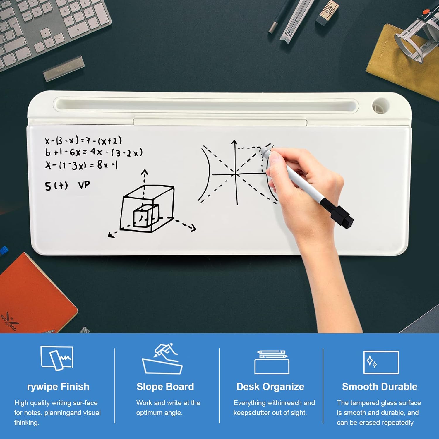 Deskie: Versatile Desktop White Board & Organizer with Glass Writing Board, Storage & Phone/Tablet Stand, for Home & Office