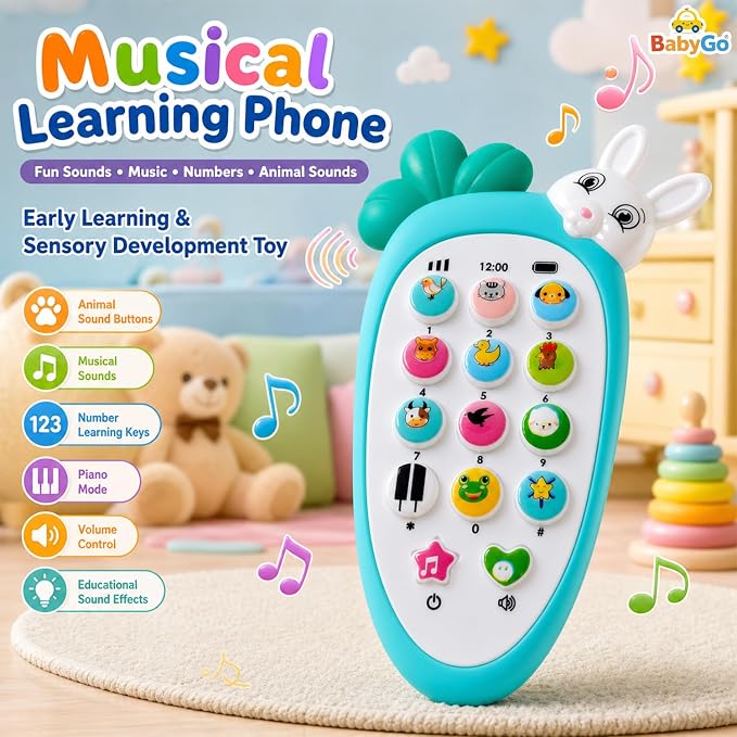 Rabi: Cute Rabbit-Shaped Pretend Play Toy Phone with 20 Musical Songs, Animal Sound Ringtones, Lights & Interactive Buttons for Kids & Toddlers