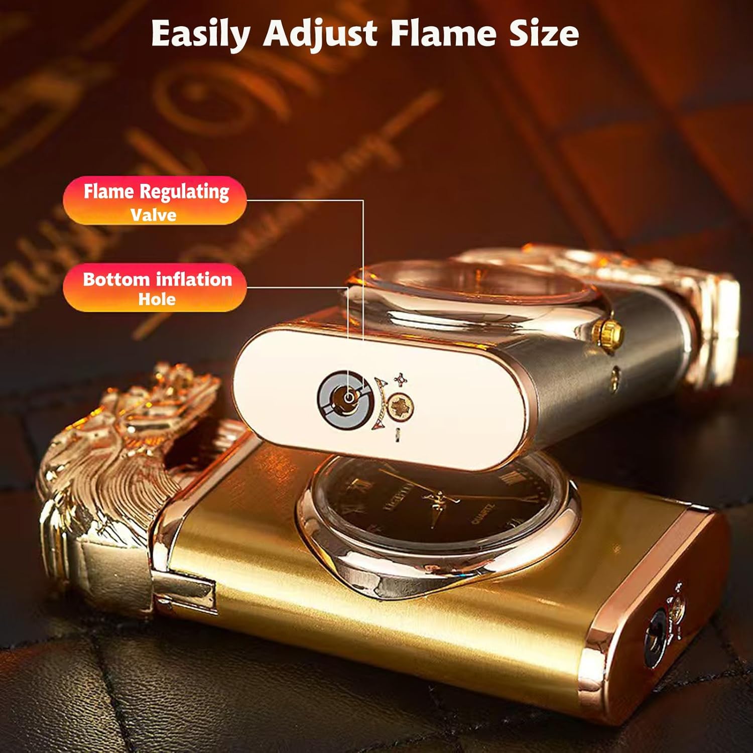 Draco: Windproof Dual Flame Refillable Lighter with Built-in Watch, Dragon Embossed Design & Bold Metal Finish for Collectors & Gifting