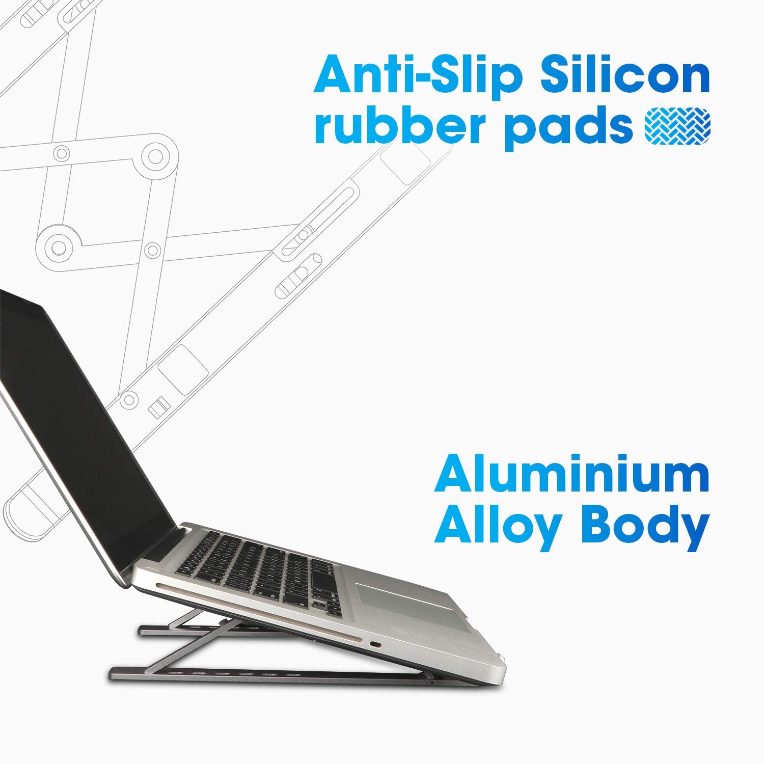 Standee: Foldable Aluminium Laptop Stand with 7-Angle Adjustment, Anti-Slip Riser with Velvet Pouch for 9"–15.6" Devices, MacBooks, Dell, HP & Office Use