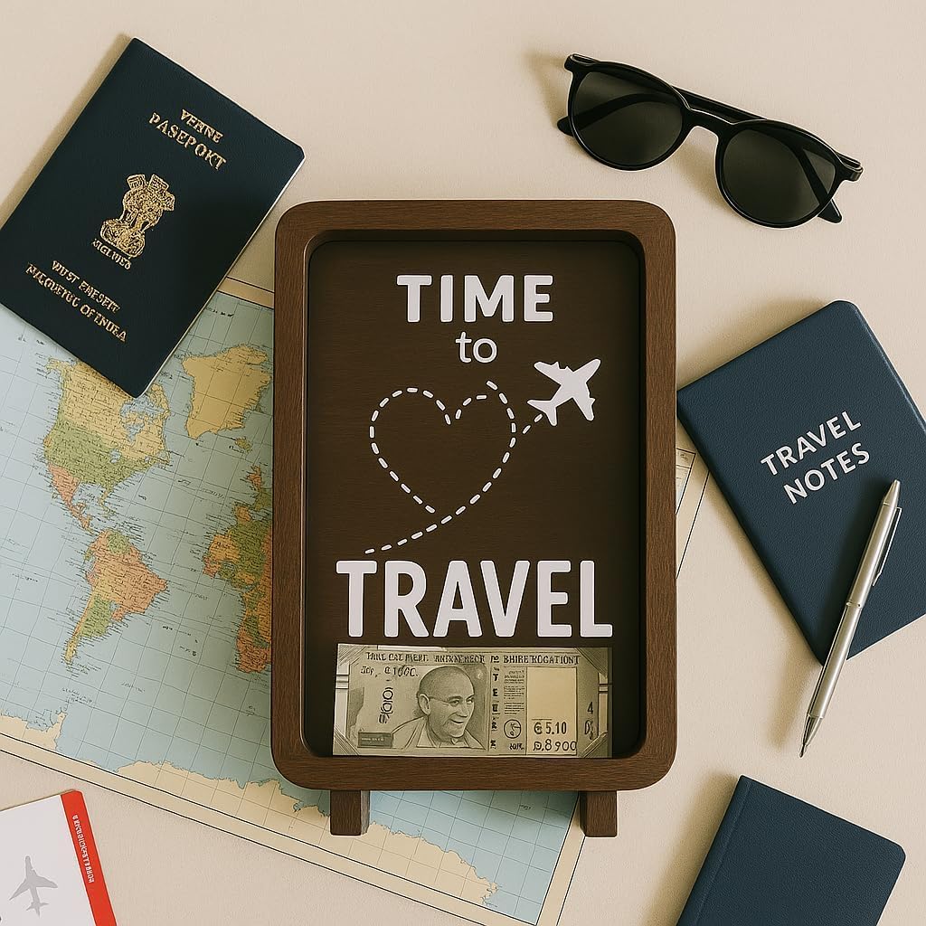 DreamVault: Wooden Travel Fund Savings Box with Count, Decorative Suitcase Piggy Bank for Vacation Goals, Coins & Notes, Perfect Gift for Kids & Adults