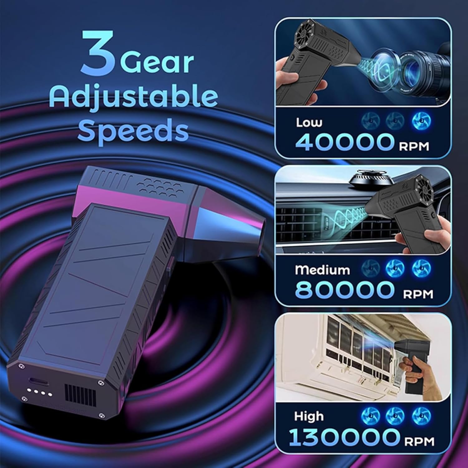 TurboJet: 130,000 RPM Cordless Air Duster & Mini Blower – High-Speed Cleaner with Stepless Speed Control, Magnetic Nozzles & USB Rechargeable Battery for PC, Car & Home