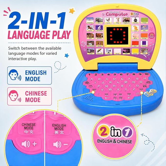 Kidemy: Interactive Educational Laptop Toy for Kids with LED Display, A–Z Alphabet, 1–10 Numbers, Spelling, Music & English-Chinese Learning Modes