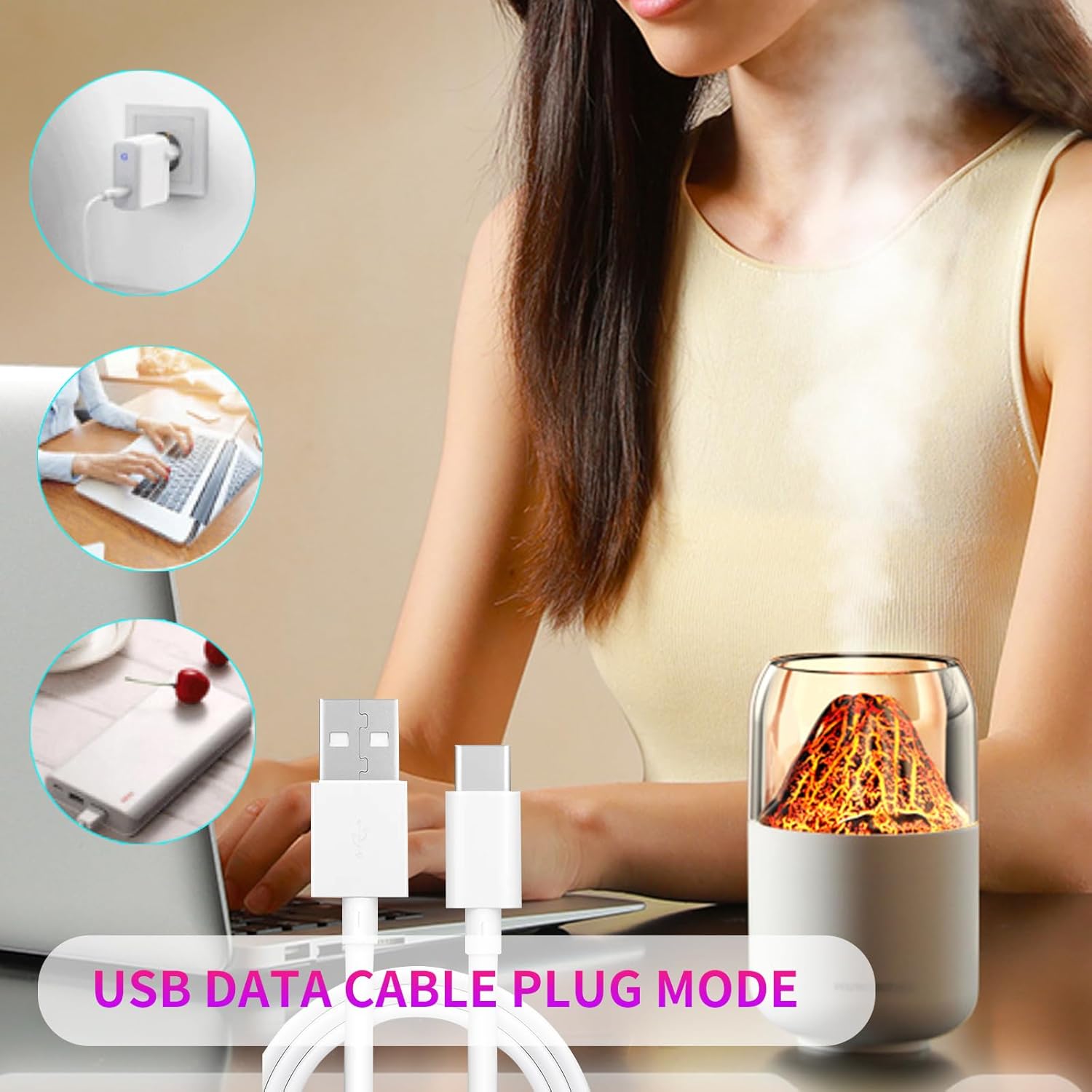 Mistyc: 300ml Mini Volcano Humidifier with USB Power, Dual Mist Modes & Auto Shut-Off for Home, Office & Travel