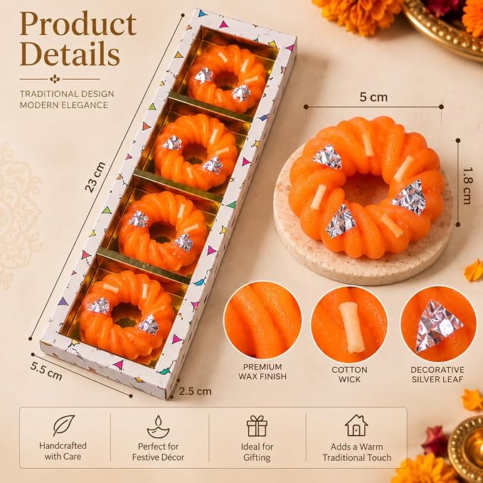 Imarti: 3-Wick Traditional Imarti-Shaped Decorative Candles with Handmade Indian Mithai Design, Orange Festive Candles for Diwali Décor, Pooja & Gifting (Pack of 4)