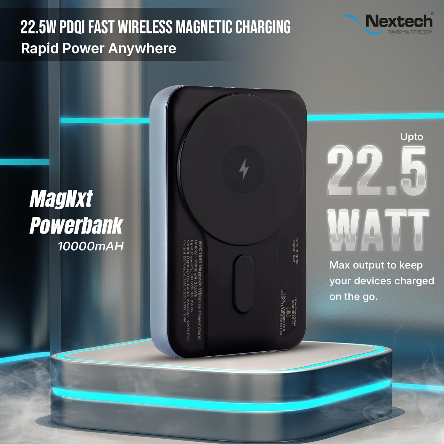 Nextech MagNxt | 10,000mAh Wireless Rapid Charge | Type-C PD | 22.5W Output | Compact, Sleek | 15W Magnetic Charging | LED Indicator | Compatible with iPhone 12 & Qi Devices | Metallic Blue