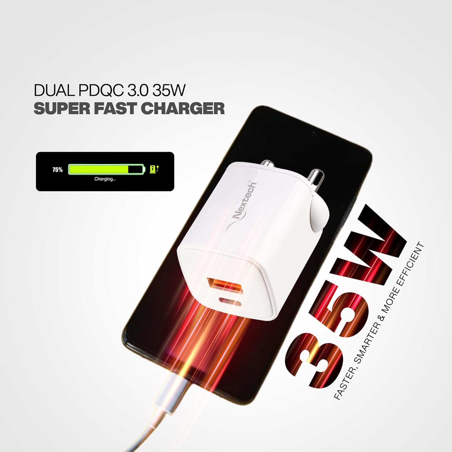 Nextech NTQ30 35W Dual Port PDQC3.0 GaN, BIS Certified, Made in India Fast Wall Charger Compatible with iPhones, iPads, Tablets, Android & Smartphones (White)