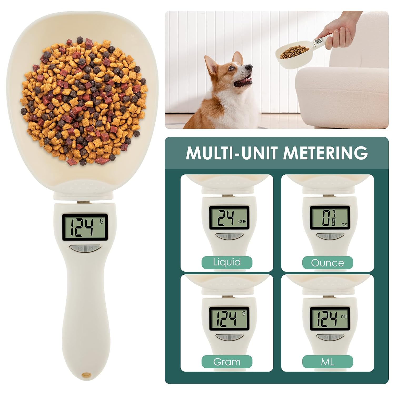 Scoopy: Digital Measuring Spoon Scale with LCD Display, 1g Precision, Removable Spoon & Electronic Weighing Function for Kitchen Ingredients, Meals & Pet Food