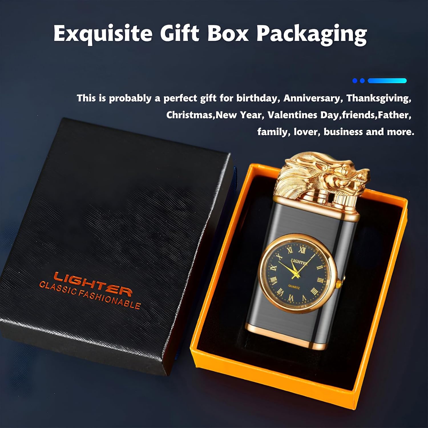 Draco: Windproof Dual Flame Refillable Lighter with Built-in Watch, Dragon Embossed Design & Bold Metal Finish for Collectors & Gifting