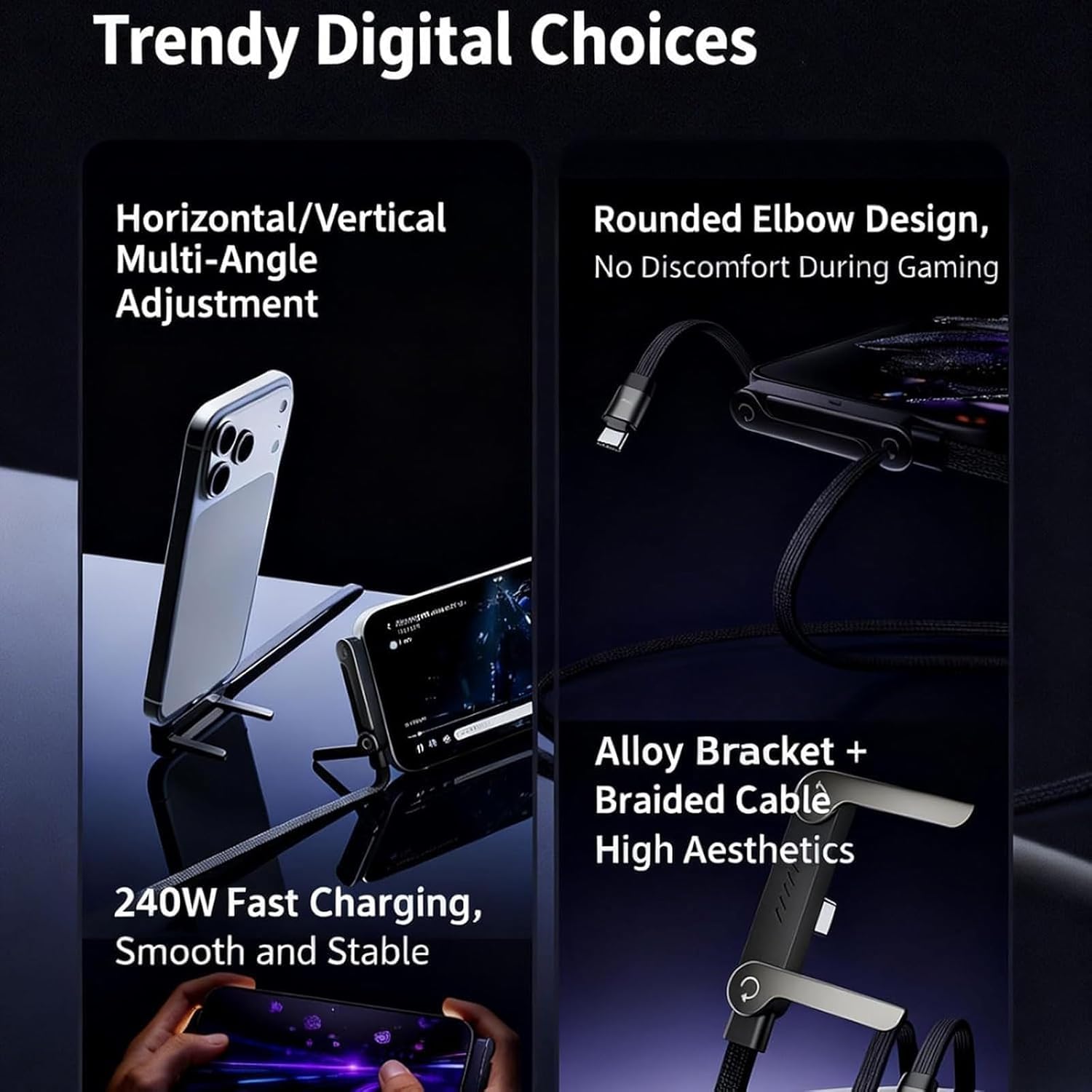 Docky: Charging Cable with Built-in Phone Stand, Fast Charging USB-C Cable with Adjustable Angle Holder for Hands-Free Use