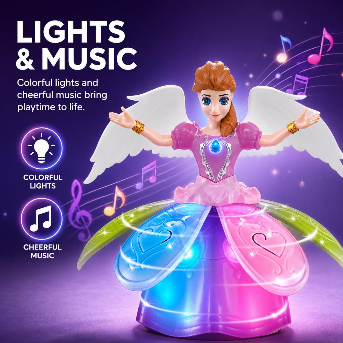 Angel: Musical Rotating Angel Girl Toy with Automatic Dancing Action, Colourful Flashing LED Lights & Music, Moving Doll Toy for Kids