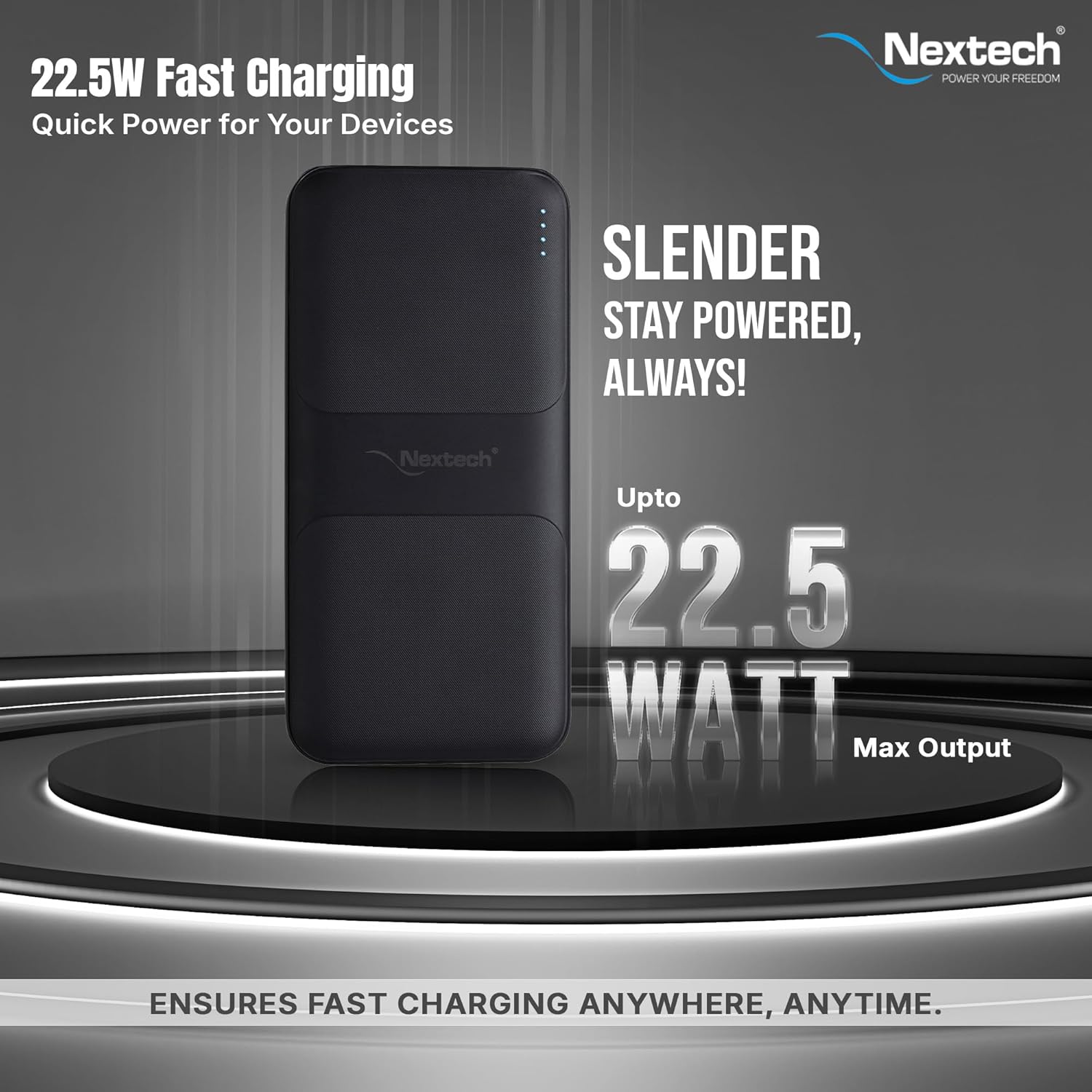 Nextech Slender PDQC 22.5W | 10000mAh | Made in India | Fast Charging | Ultra Slim Power Bank | Type-C PD & QC 3.0 USB Output | Compatible with Smartphones, iPhone, Android | Charcoal Black