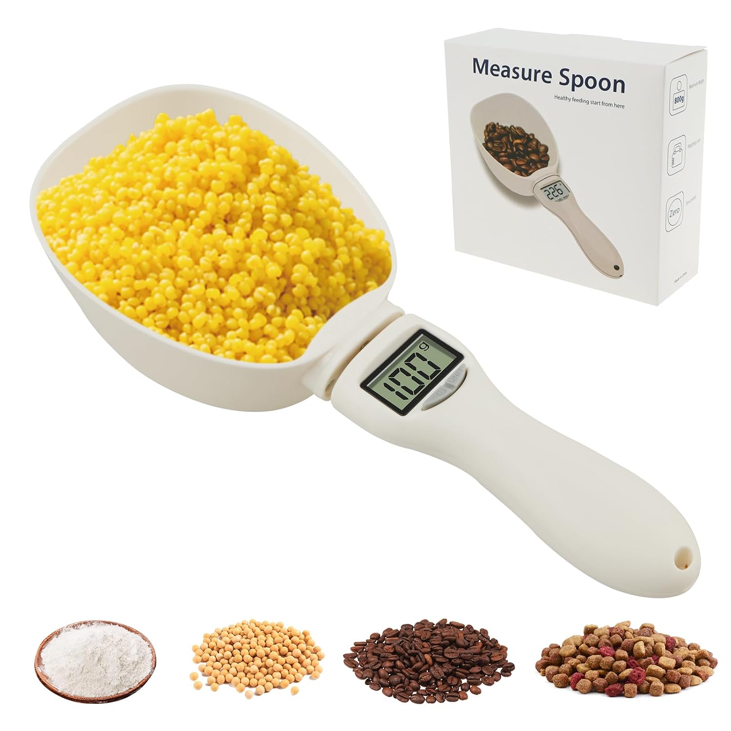 Scoopy: Digital Measuring Spoon Scale with LCD Display, 1g Precision, Removable Spoon & Electronic Weighing Function for Kitchen Ingredients, Meals & Pet Food