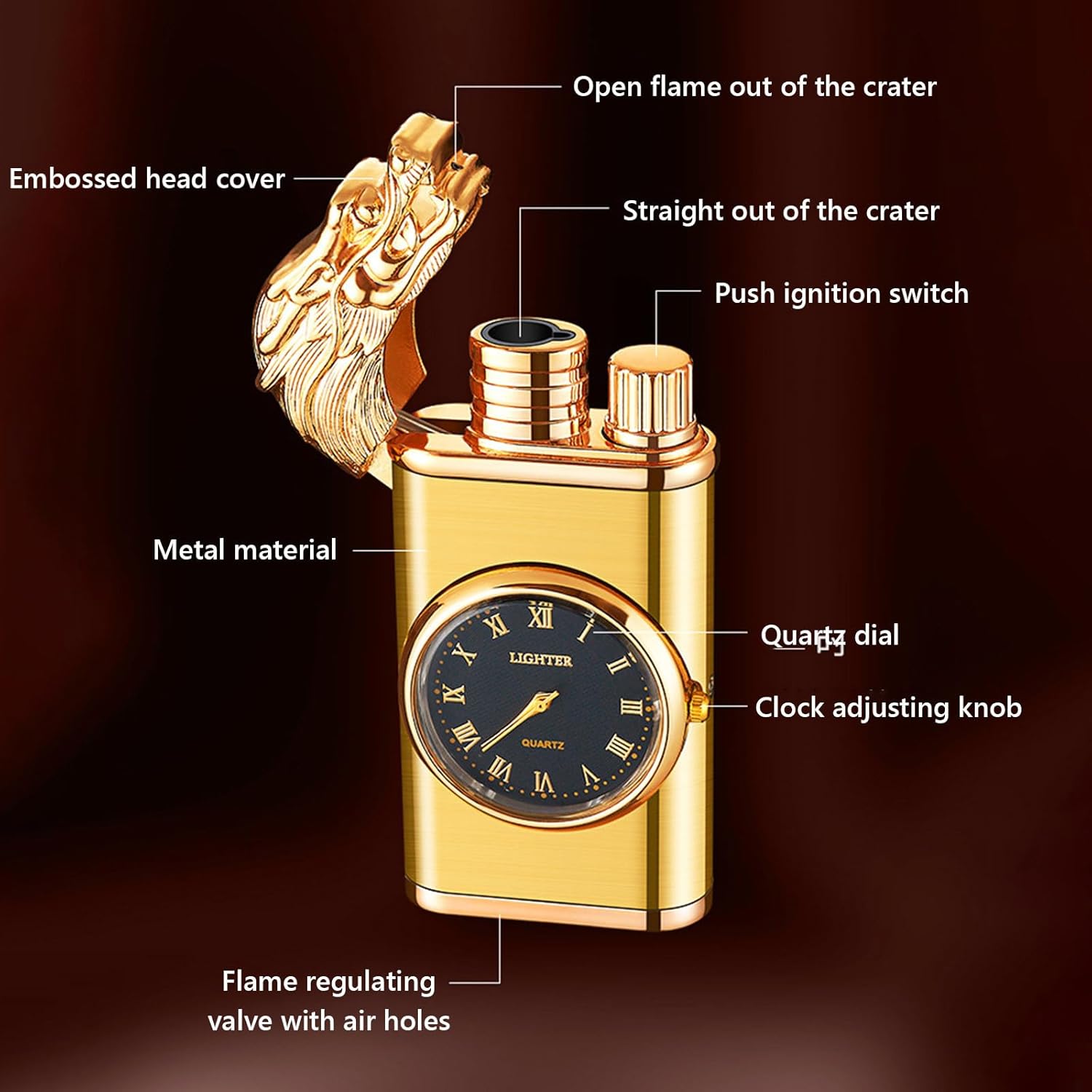 Draco: Windproof Dual Flame Refillable Lighter with Built-in Watch, Dragon Embossed Design & Bold Metal Finish for Collectors & Gifting
