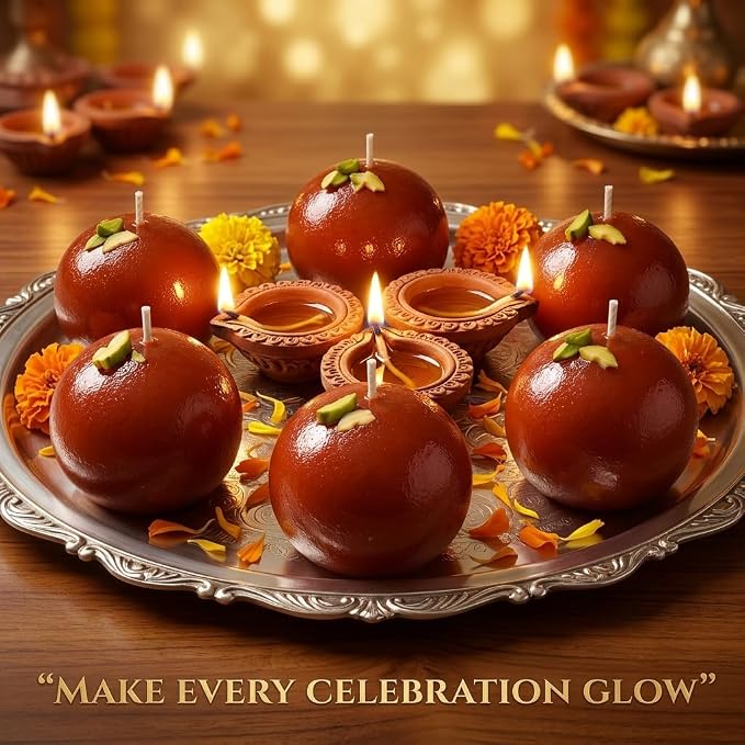Jamun: Gulab Jamun Shaped Decorative Candles for Diwali Décor, Home Decoration & Festive Gifting, Sweet Mithai Style Candles (Pack of 6)
