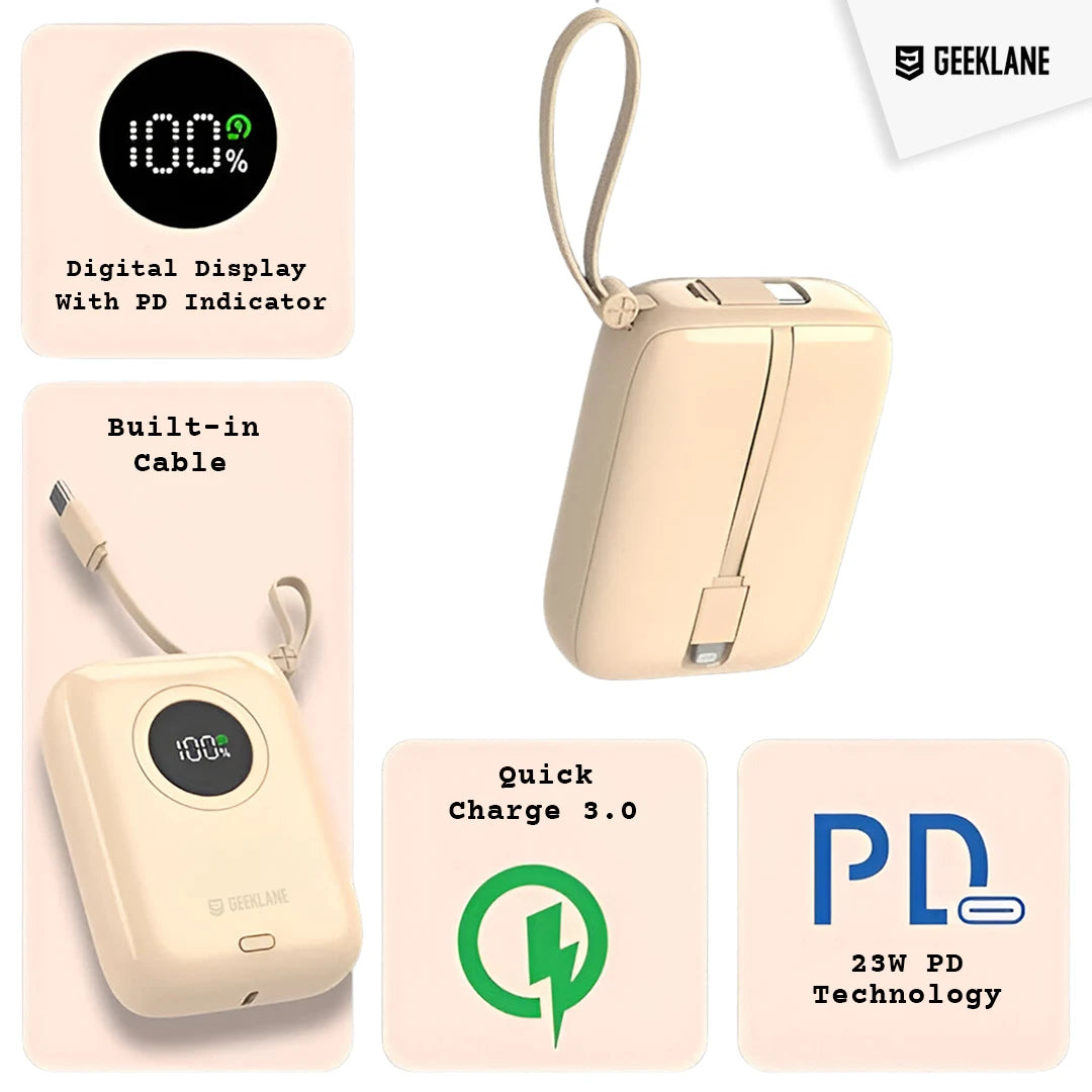 Pebble: 10,000mAh Palm-Sized Power Bank with Built-In Cables, 23W Fast Charging & PD for iPhone & Android