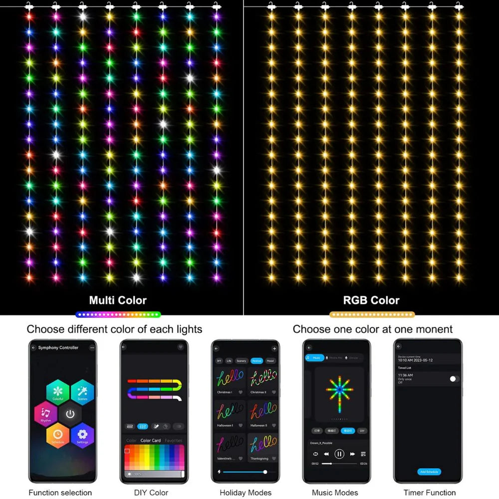 Pixelo: Smart ARGB Curtain Light with 400 LEDs, Bluetooth App Control, Music Sync & Customizable Patterns & Text