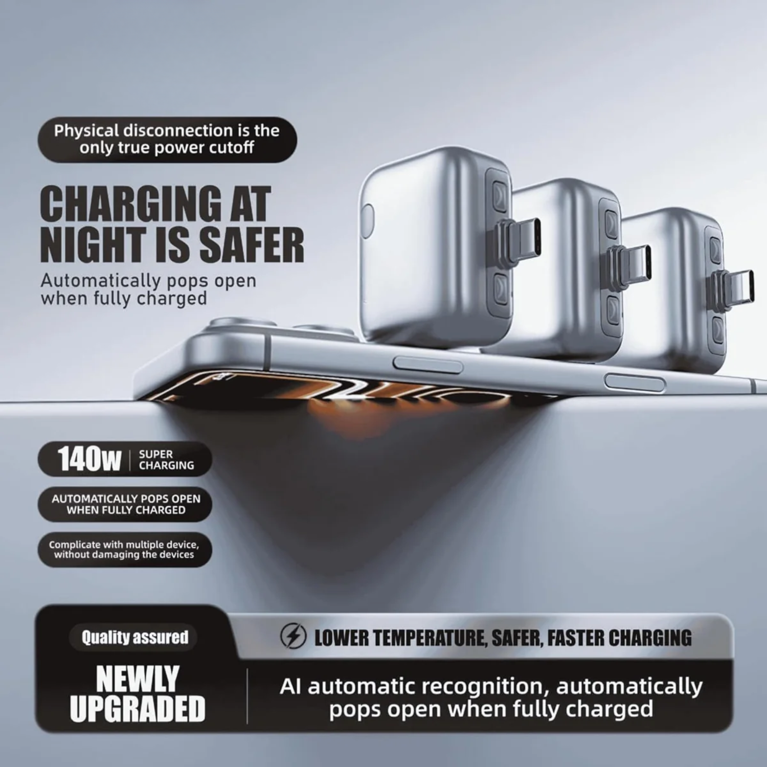 AutoCut: 140W Type-C Smart Auto Cut-Off Charging Adapter with Automatic Power Disconnect & Battery Protection