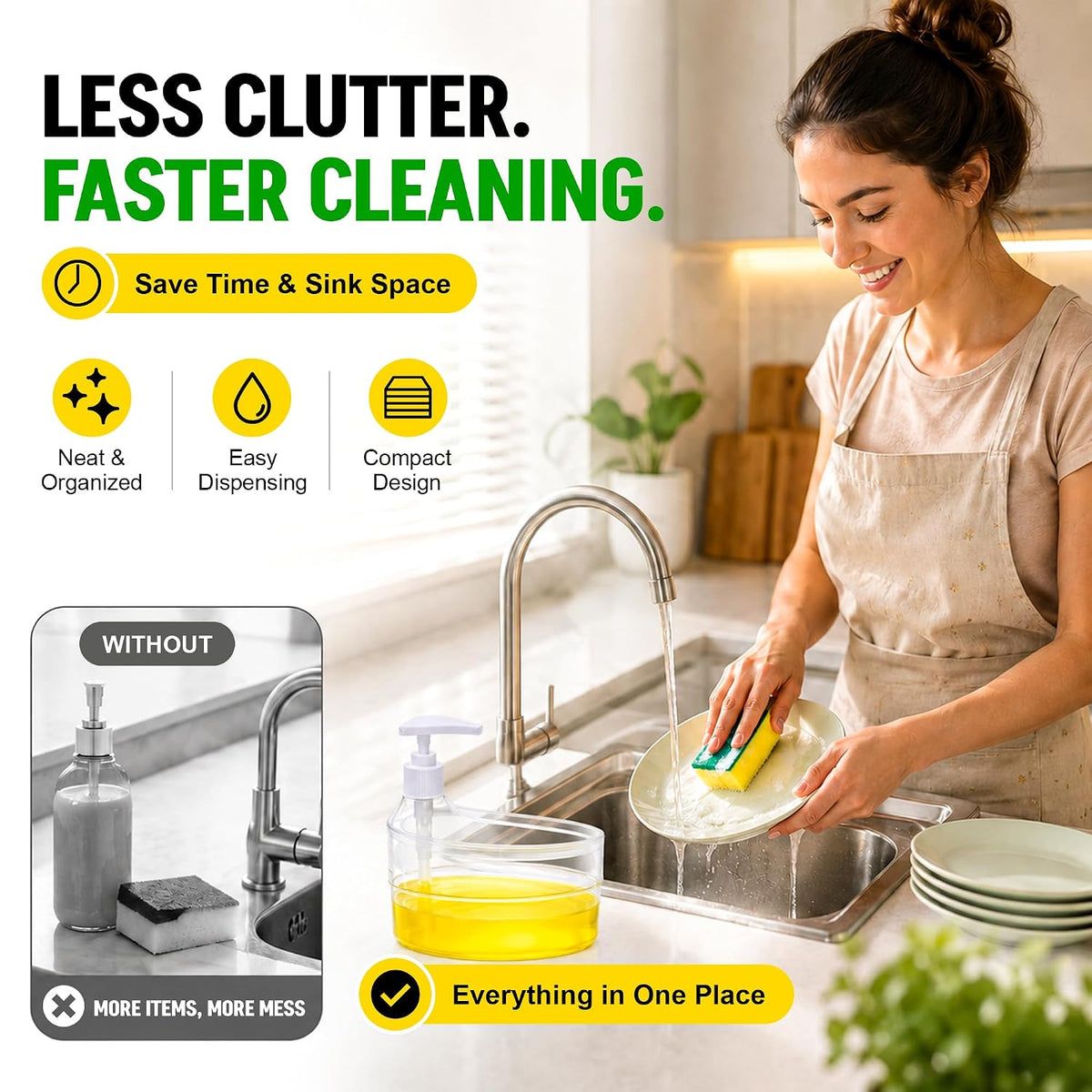 Sopra: Double-Layer Liquid Soap Dispenser with Refillable Pump & Built-In Sponge Holder for Kitchen Sink, Bathroom & Countertop Organisation