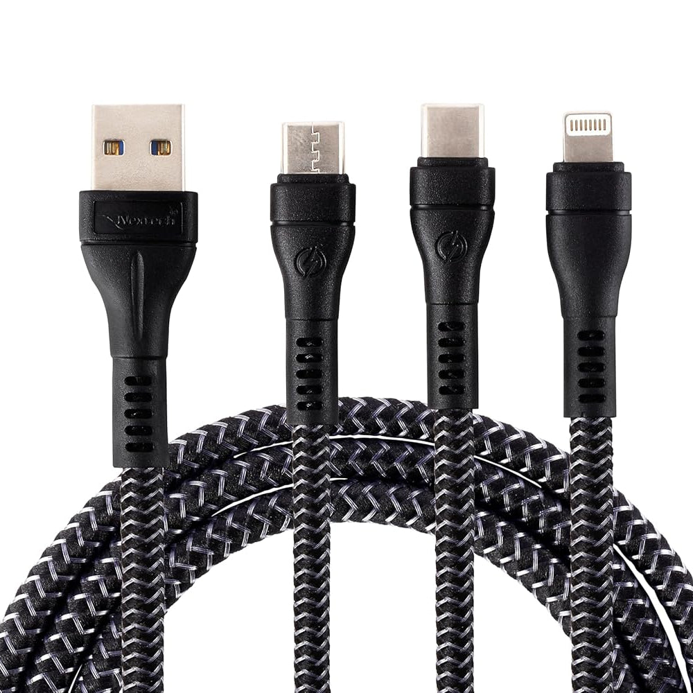 Nextech 3 in 1 Charging Braided Cable with Dual Type-C & Lightning connectors compatible with All Type-C & iPhone, iPad, Macbook & Airpods 1.2M