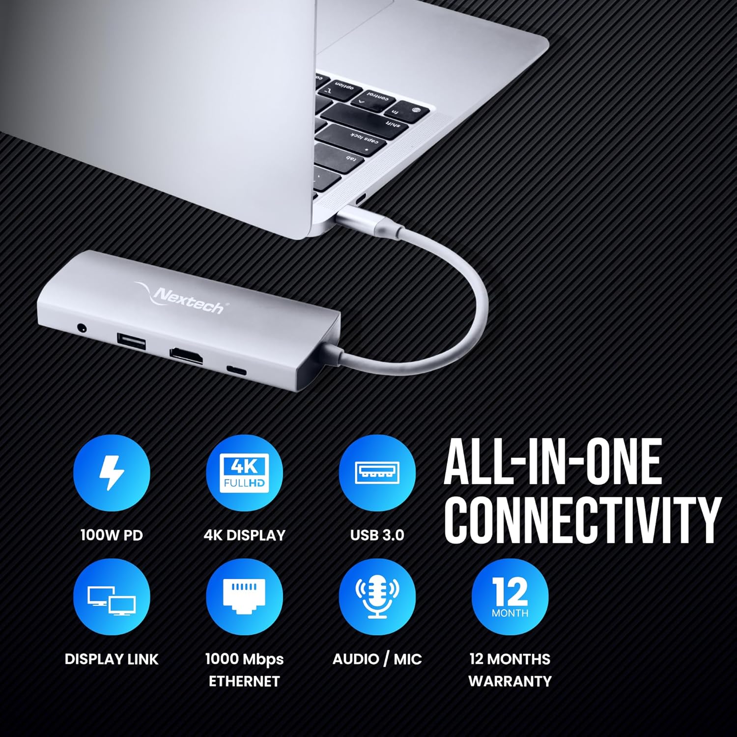 Nextech 9-in-1 USB-C Hub Docking Station – Type-C Adapter with 4K HDMI, Gigabit LAN, PD 100W Charging, USB 3.0 Ports, SD/TF Card Reader, Audio Jack – Compatible with MacBook, Windows – Space Grey