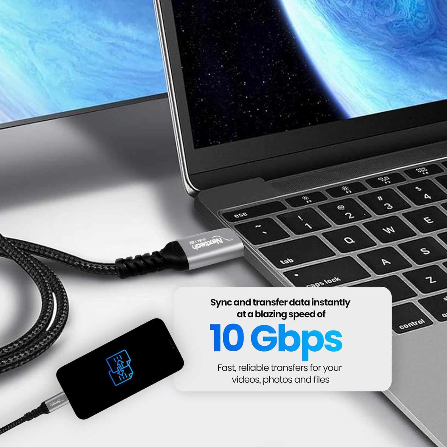 Nextech USB Type C to Type C 100W, Gen 2, 10gbps Braided Fast Sync & Charge Video Cable Compatiable with Laptops & Smartphones (1.8M)