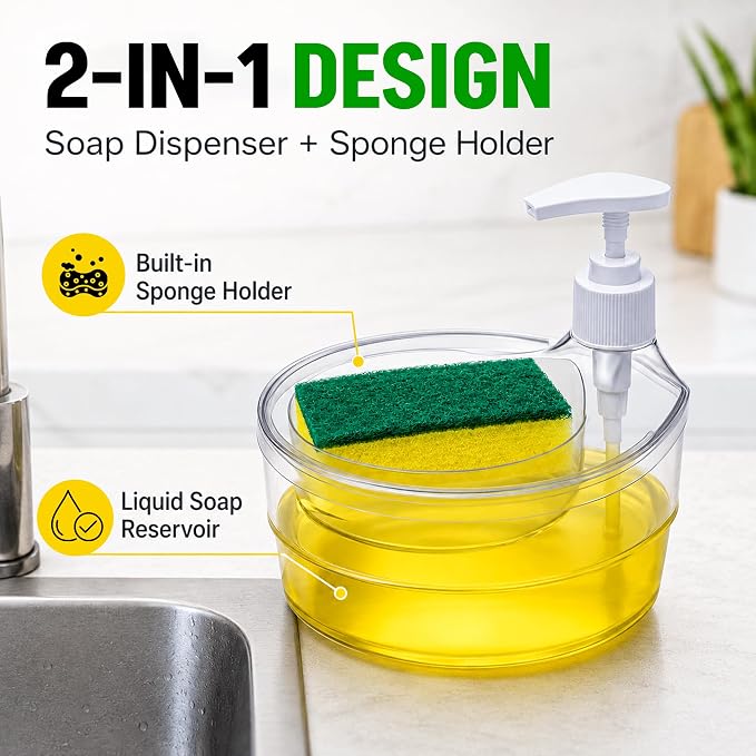 Sopra: Double-Layer Liquid Soap Dispenser with Refillable Pump & Built-In Sponge Holder for Kitchen Sink, Bathroom & Countertop Organisation