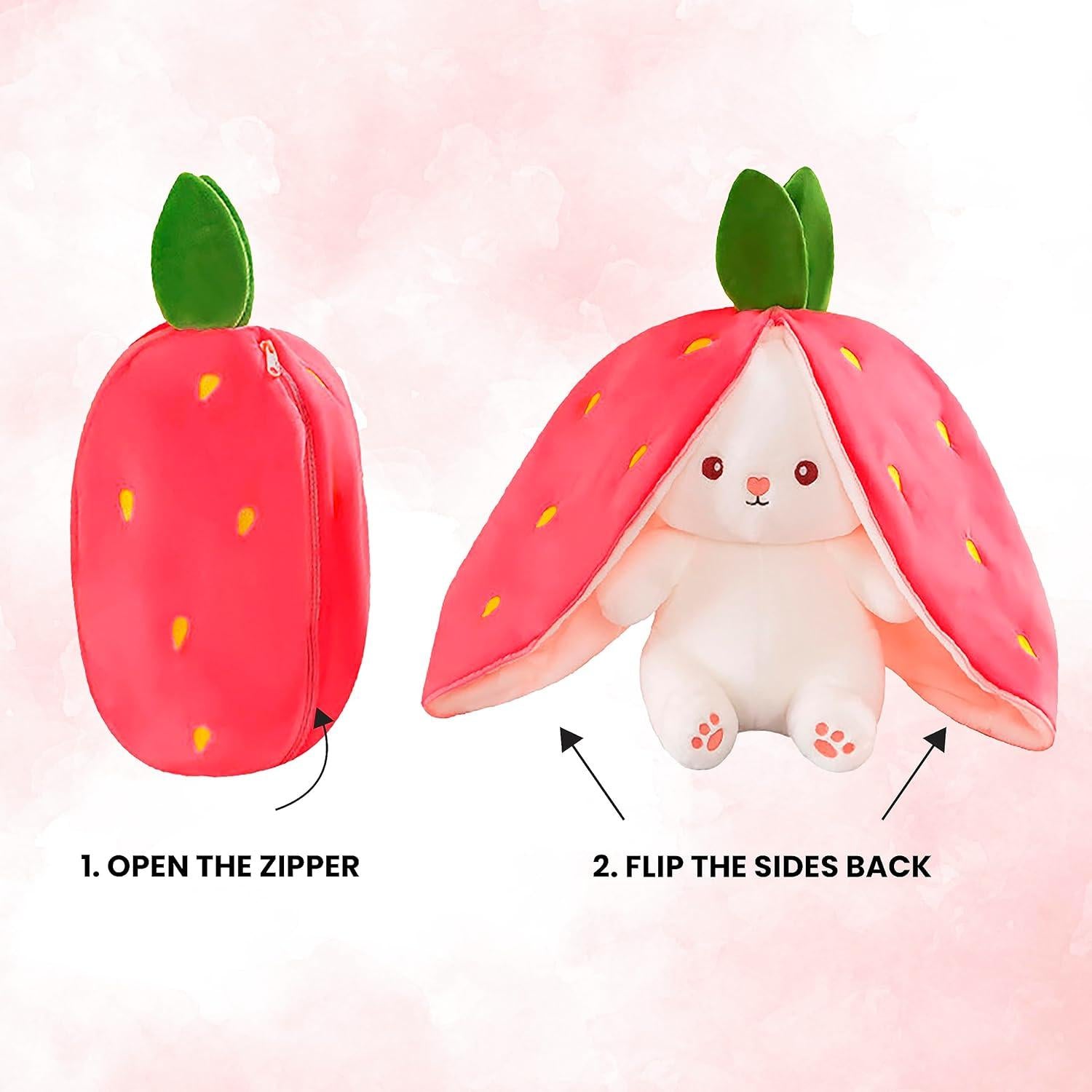 PeekaBoo: Reversible Strawberry Bunny Plush Toy Pillow with Zipper – Soft & Cuddly Gift for Kids & Plush Lovers