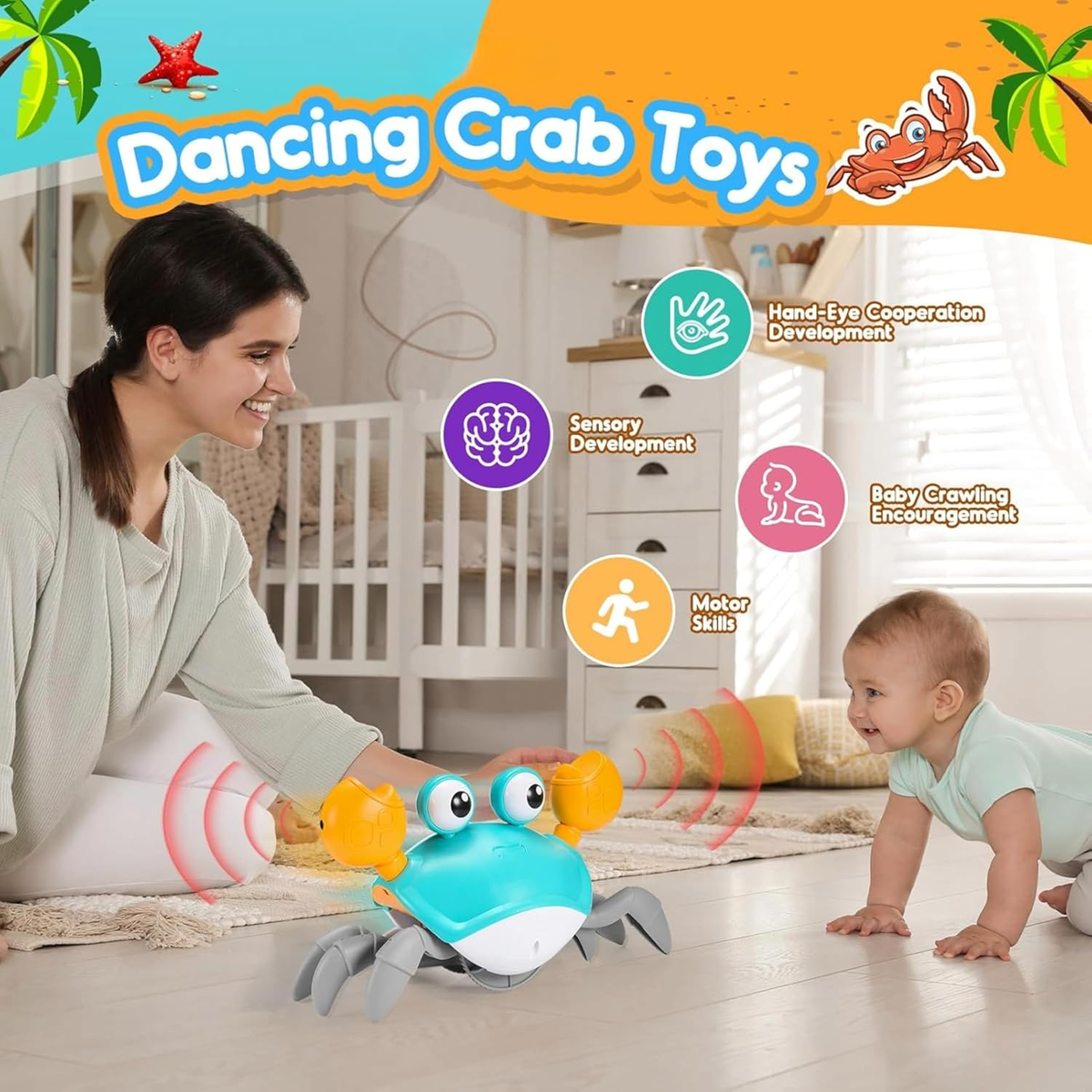 Crabby: Interactive Electric Crawling Crab Toy with Smart Obstacle Avoidance Sensor, Music, LED Lights & USB Rechargeable Battery, Moving Dancing Toy for Kids & Toddlers