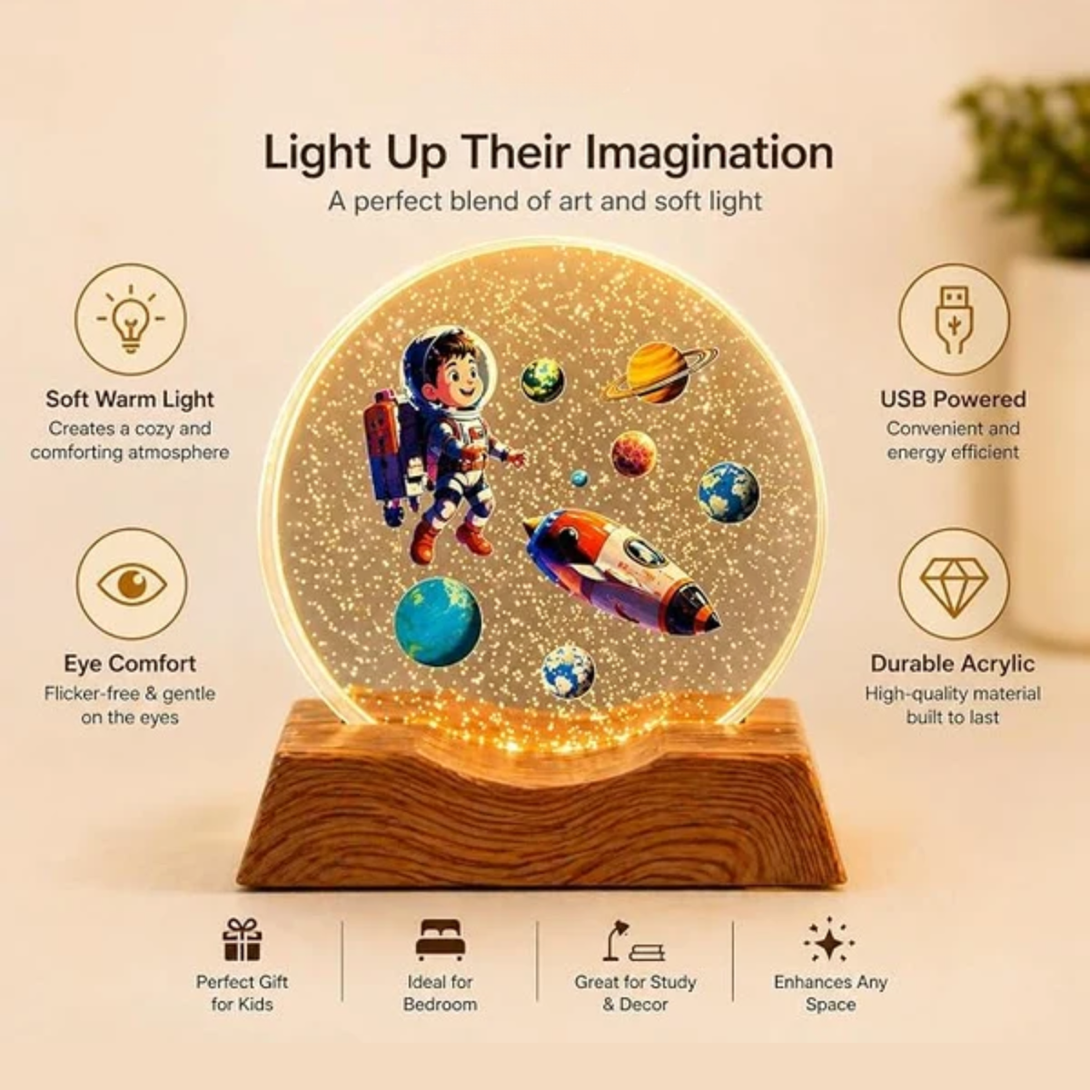Eclipse: 3D Astronaut LED Night Lamp with Warm Light, Space Illusion Design & Wooden Base, Decorative Bedside Light for Bedroom, Study Table & Home Décor