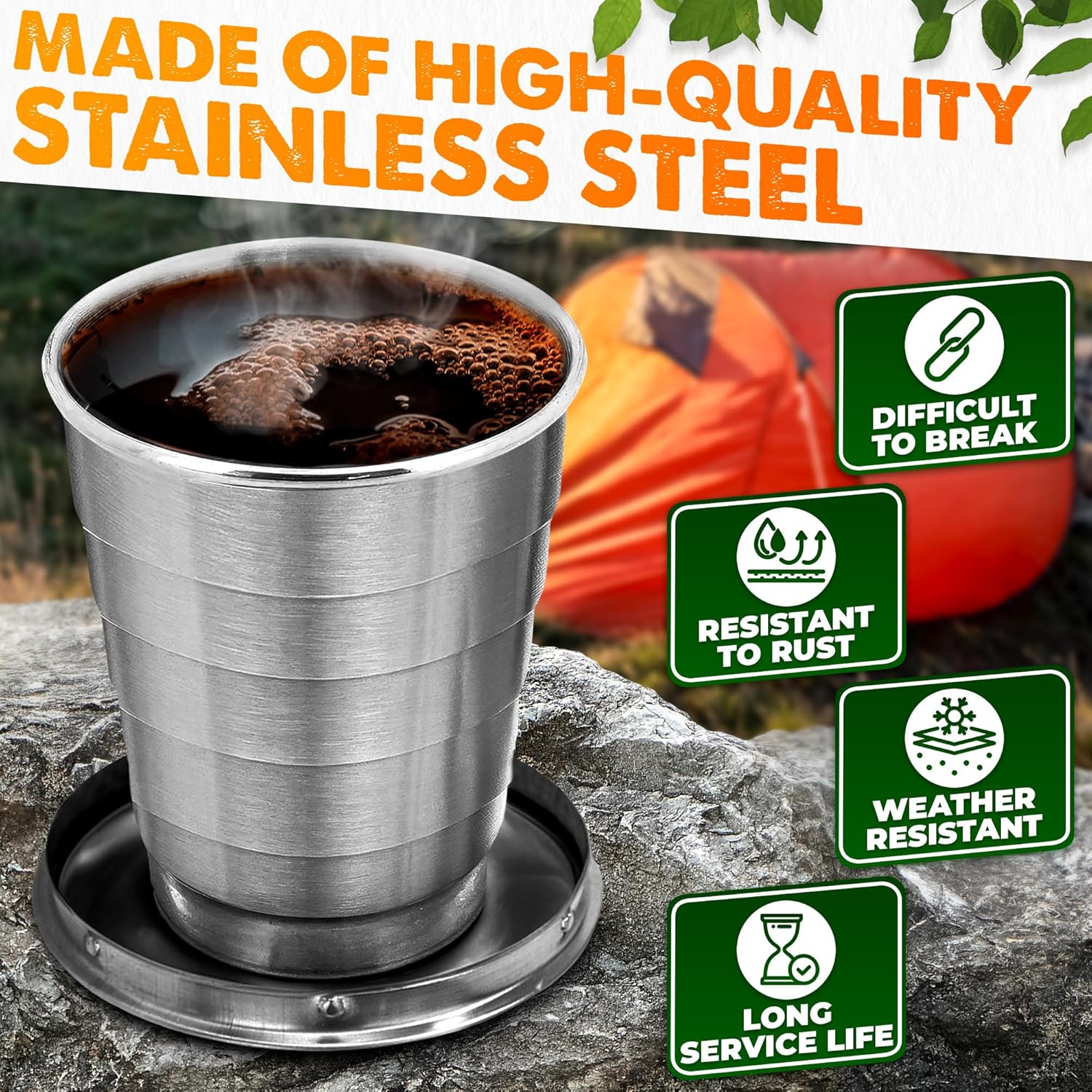 FoldyCup: Stainless Steel Folding Travel Cup with Leak-Proof Lid, Compact & Collapsible Pocket Mug for Camping, Hiking, Trekking & Outdoor Use (75ml)