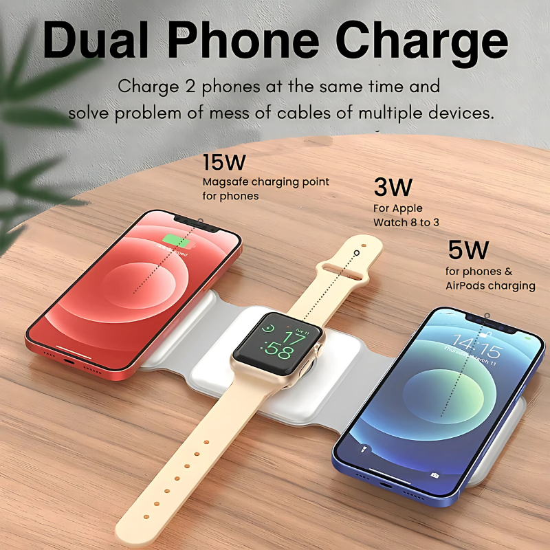 MagTrio: 3-in-1 Foldable MagSafe & Qi2 Compatible Wireless Charger with 15W Fast Charging for iPhone, AirPods & Apple Watch