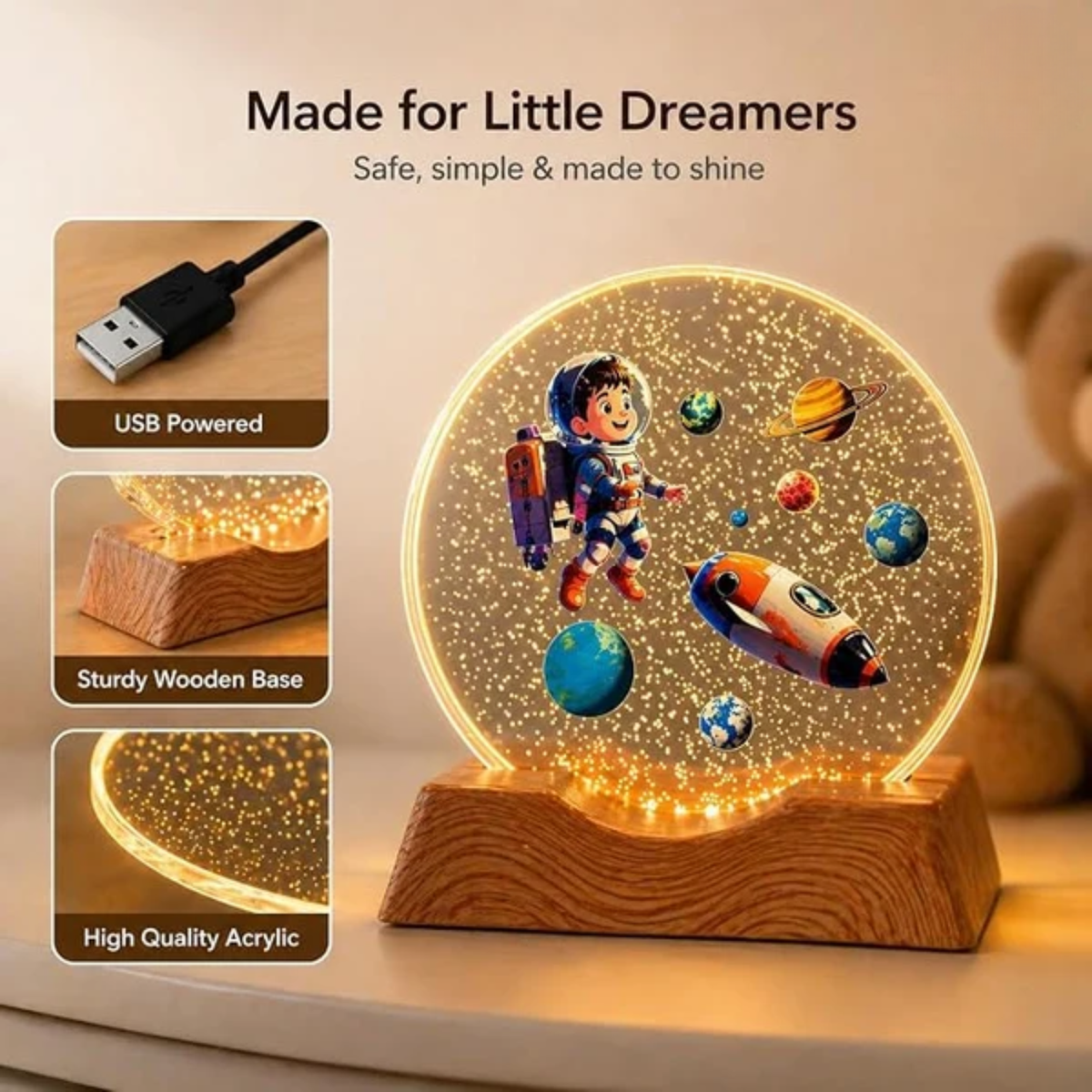 Eclipse: 3D Astronaut LED Night Lamp with Warm Light, Space Illusion Design & Wooden Base, Decorative Bedside Light for Bedroom, Study Table & Home Décor