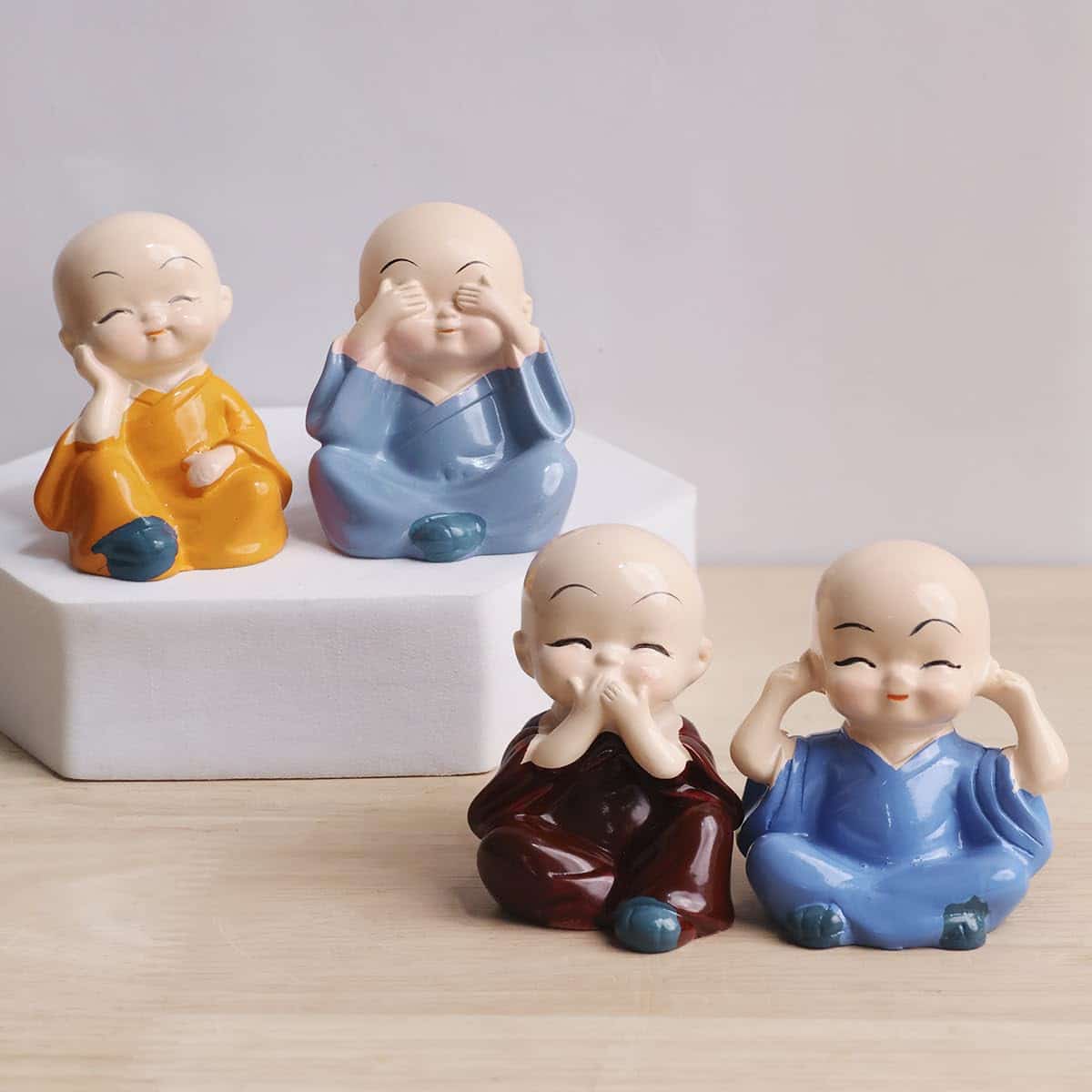 Bliss: Set of 4 Buddha Monk Statues with Elegant Design, Ideal for Home, Office & Spiritual Decor