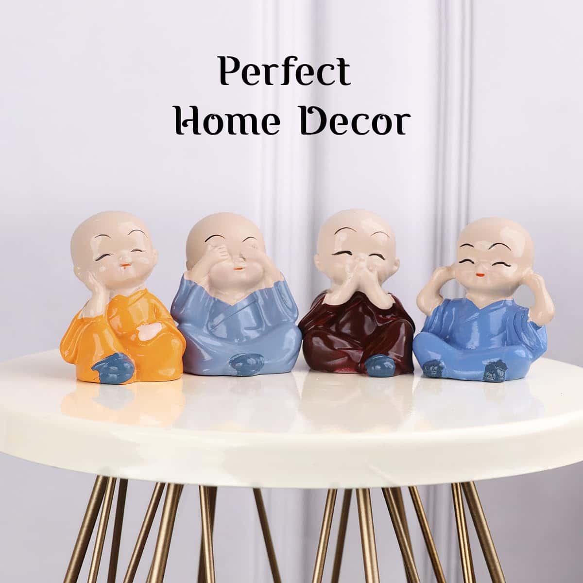 Bliss: Set of 4 Buddha Monk Statues with Elegant Design, Ideal for Home, Office & Spiritual Decor