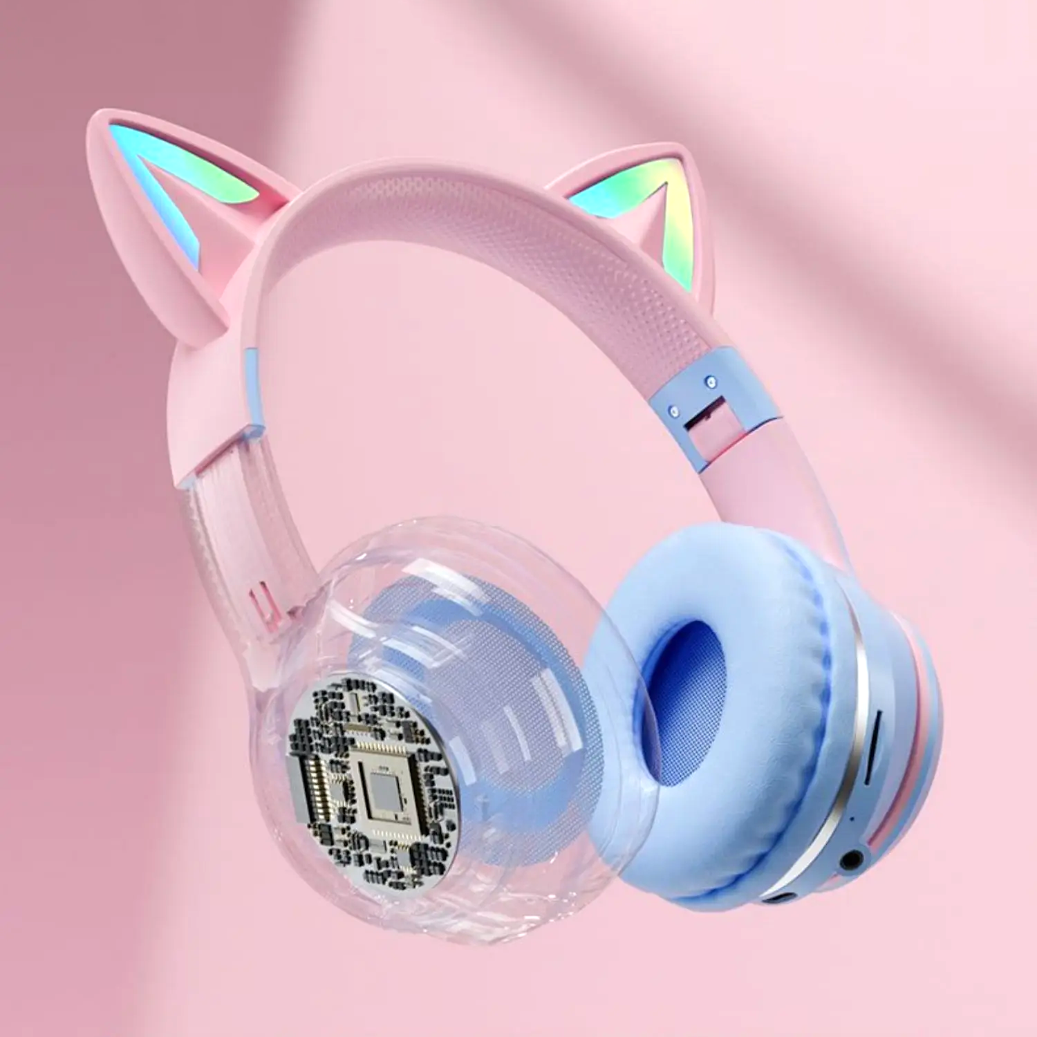 KittyHead: Wireless Cat Ear Headset with RGB LED Lights, Foldable Design headphone for PC, Tablet & Mobile