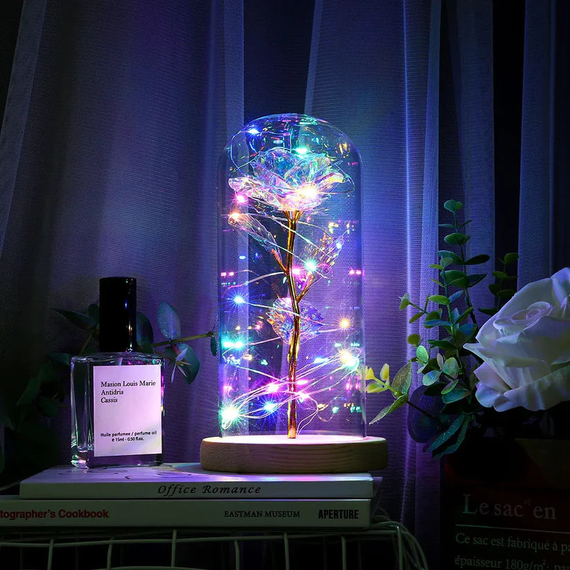 LoveBloom: Forever Glass Rose with Built-in Fairy Lights - Crystal Diamond Cut Rose for Romantic Gifting for Girlfriend & Home Décor