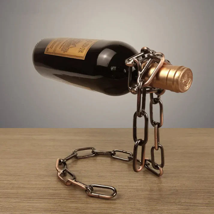 Levino: Optical Illusion Wine Bottle Holder with Floating Chain Design, Tabletop Metal Wine Rack Holder, Unique Home Decor for Bar & Kitchen