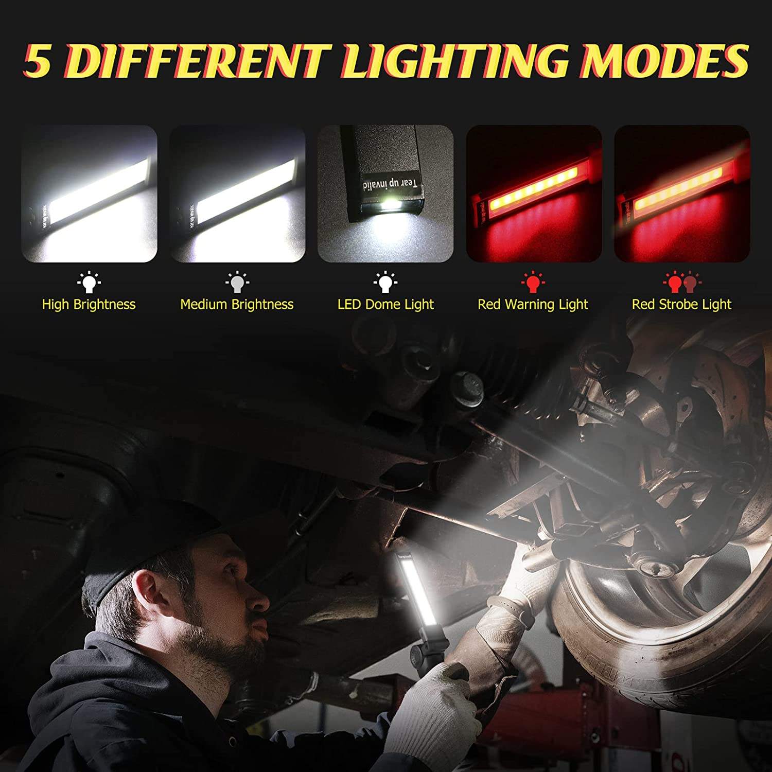 WorkLight: Rechargeable LED Work Light with Magnetic Base & 360° Folding Design, 5 Lighting Modes, Hook & Portable Torch for Car Repair, Camping & Emergency Use