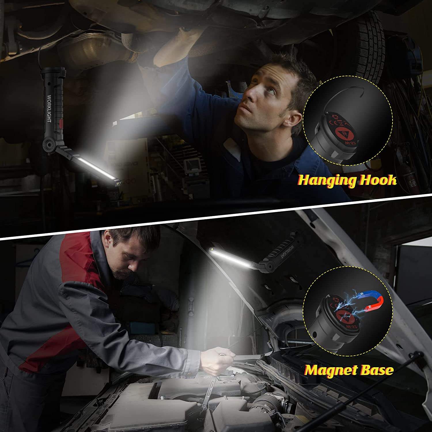 WorkLight: Rechargeable LED Work Light with Magnetic Base & 360° Folding Design, 5 Lighting Modes, Hook & Portable Torch for Car Repair, Camping & Emergency Use