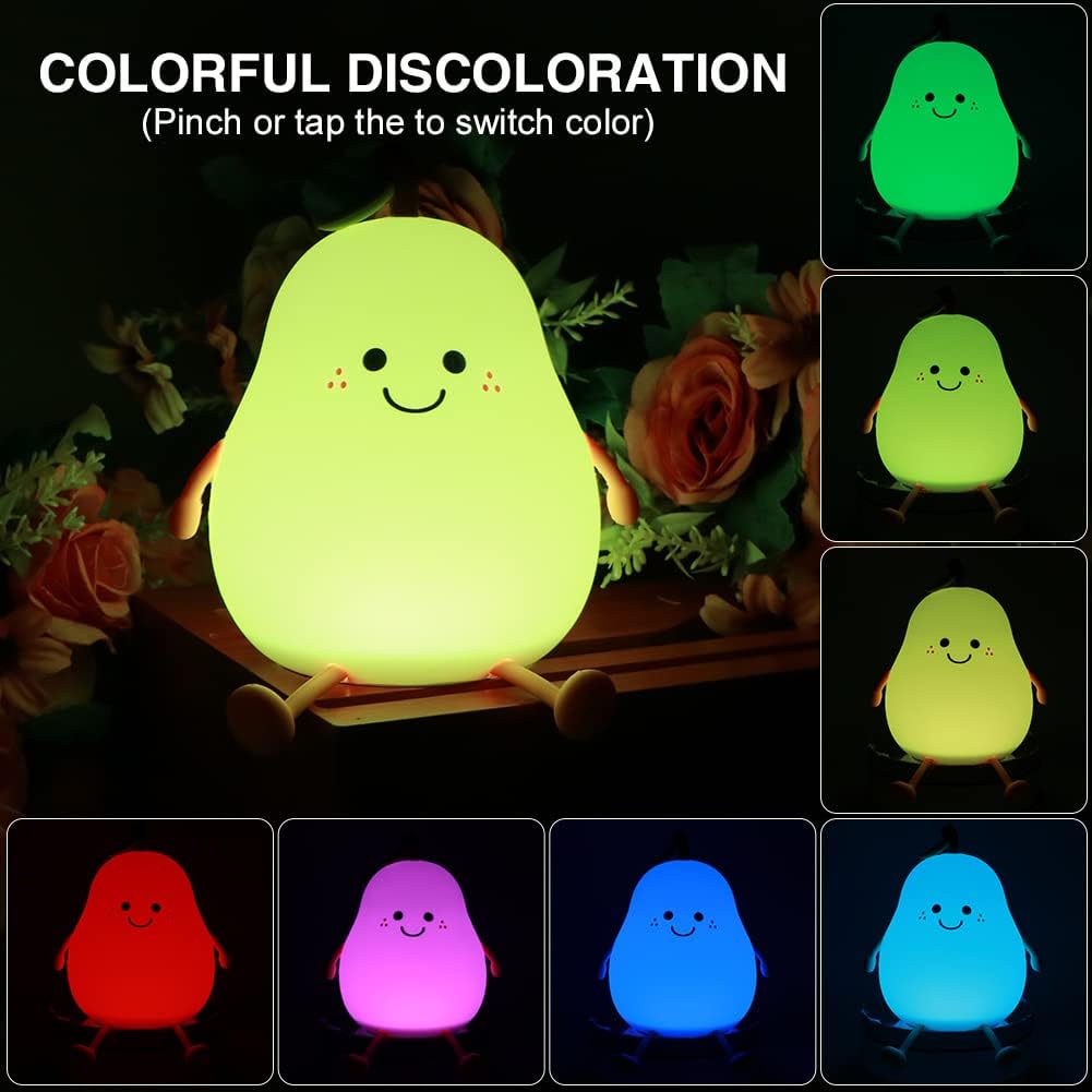 Charm: Portable Squishy Silicone Pear Night Lamp – Touch-Control LED with 7-Color Modes, USB-C Rechargeable for Kids' Bedroom & Nursery