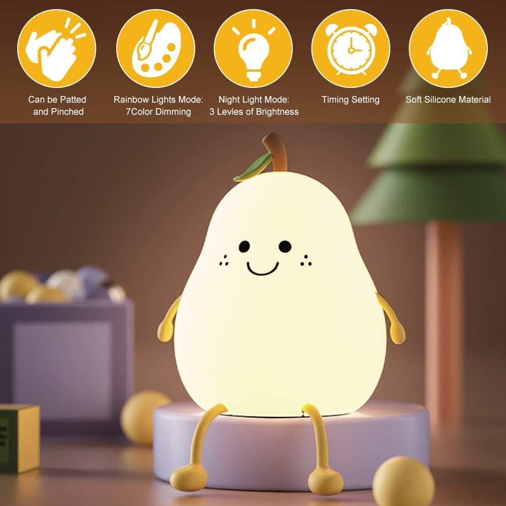 Charm: Portable Squishy Silicone Pear Night Lamp – Touch-Control LED with 7-Color Modes, USB-C Rechargeable for Kids' Bedroom & Nursery