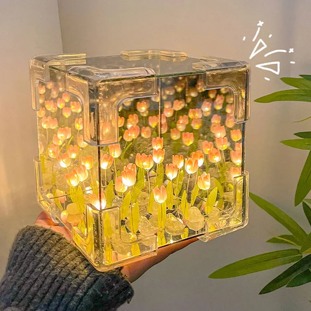 GlowCraft: DIY Infinite Mirror Tulip Lamp with 3D LED Flower Lights for Tabletop Décor & Unique Gifting